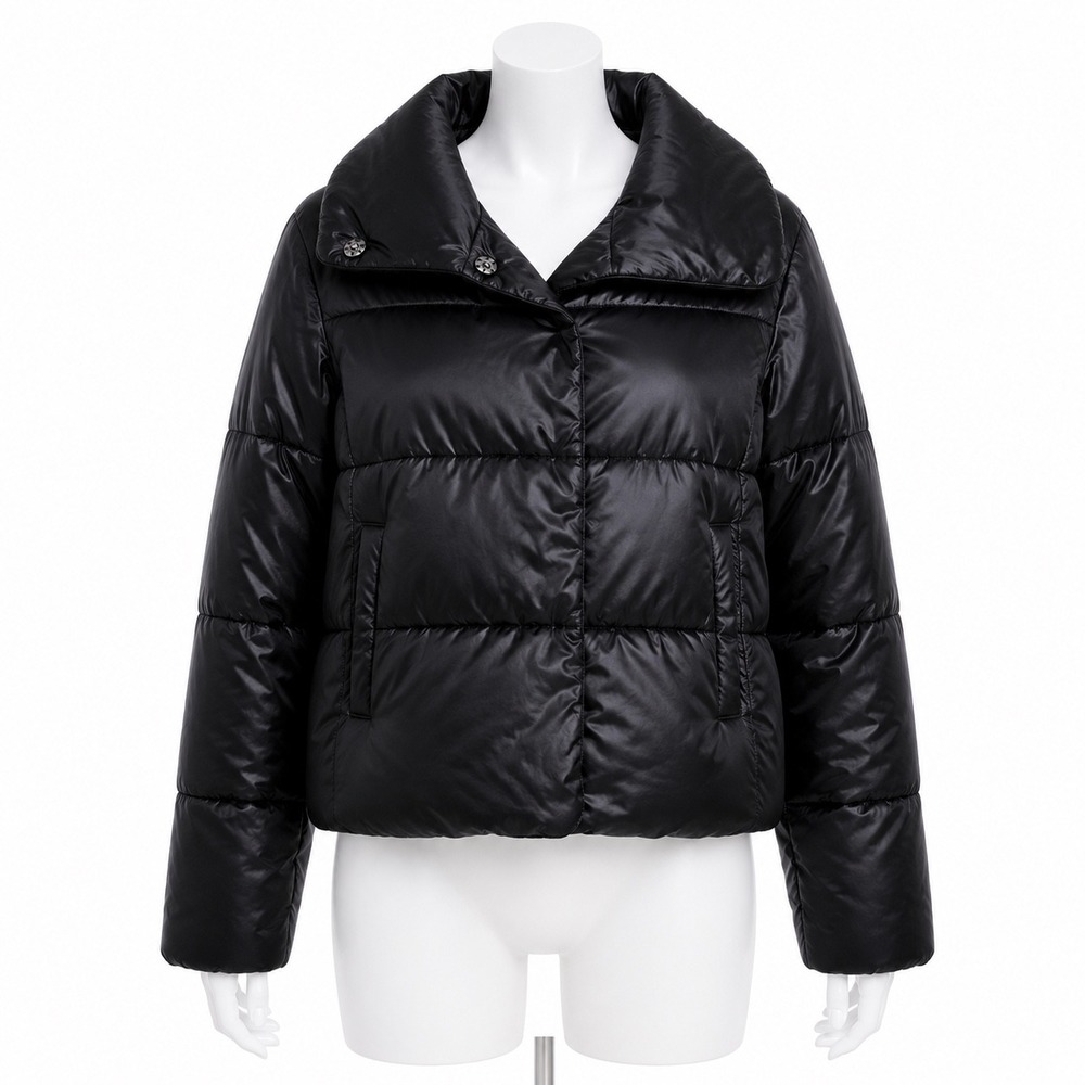 Old Navy Down Fill Puffer Jacket M Black Bubble Coat High Collar Model Off Duty